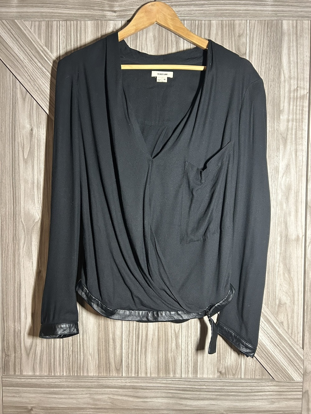 Helmut Lang Black Morse Drape Leather Trim Crossover Wrap Long Sleeve Top M